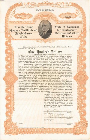 State of Louisiana for Confederate Veterans and Their Widows Bond